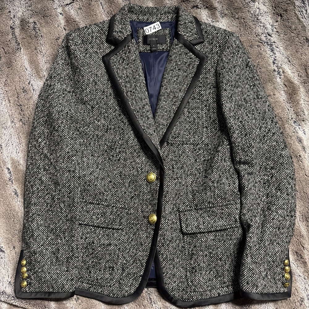 J.CREW Rhodes Tweed Wool Blend Silk Blazer Coat Gold 2 Button Black White Sz 6